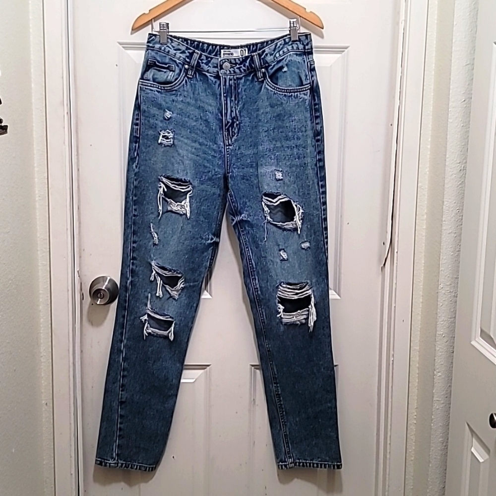 Refuge Denim Boyfriend Jeans Womens 07 Blue Acid Wash Distressed Ripped 16-2162